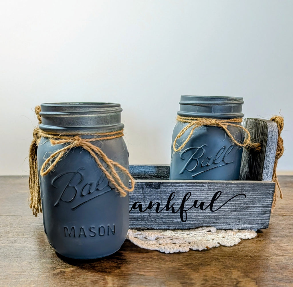 Thankful and Blessed Caddy with 2 Gray Mason Jars