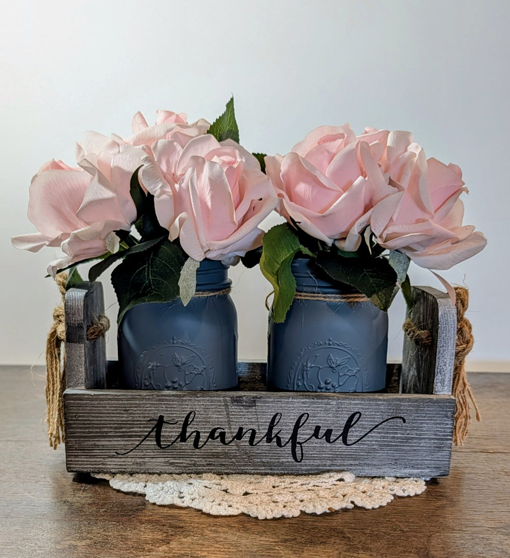 Thankful and Blessed Caddy with 2 Gray Mason Jars