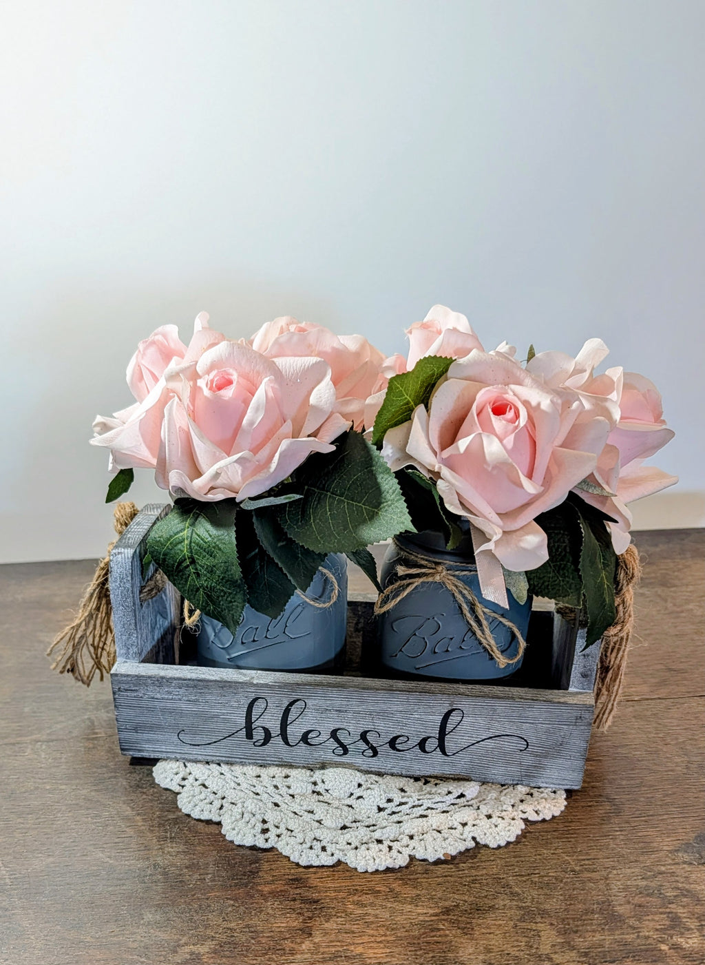 Thankful and Blessed Caddy with 2 Gray Mason Jars