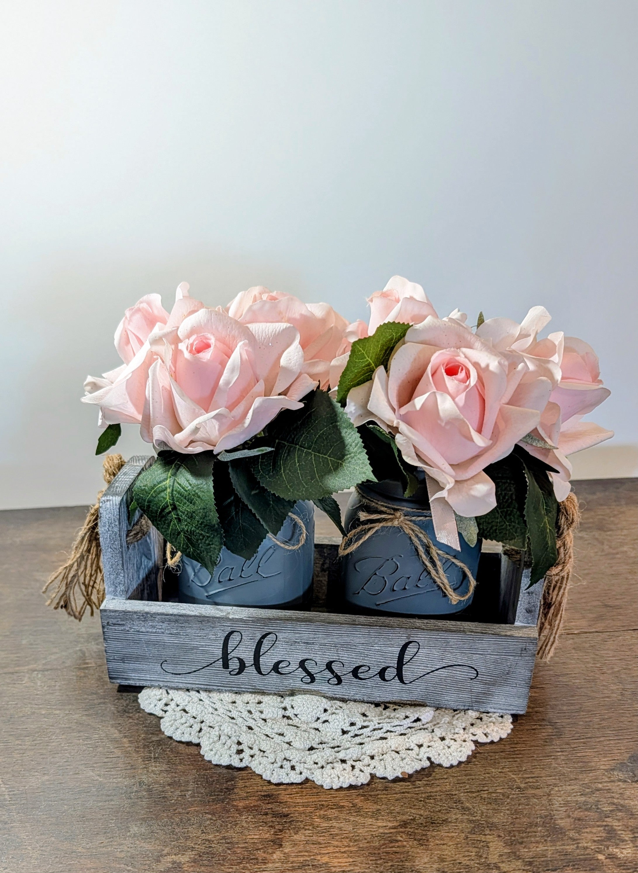 Thankful and Blessed Caddy with 2 Gray Mason Jars