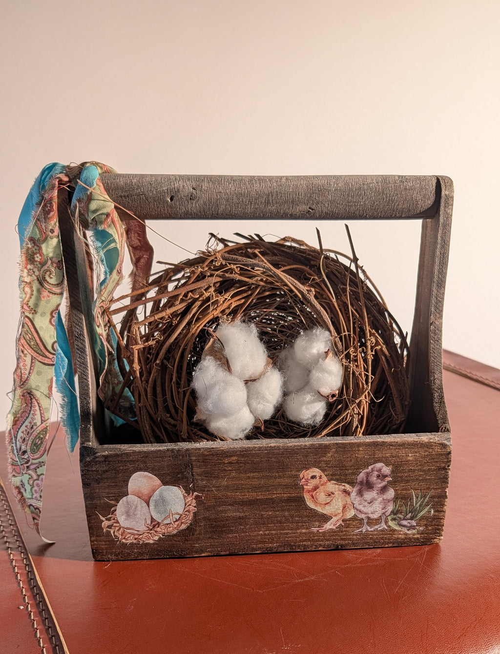 Wood Caddy with a Bird Nest