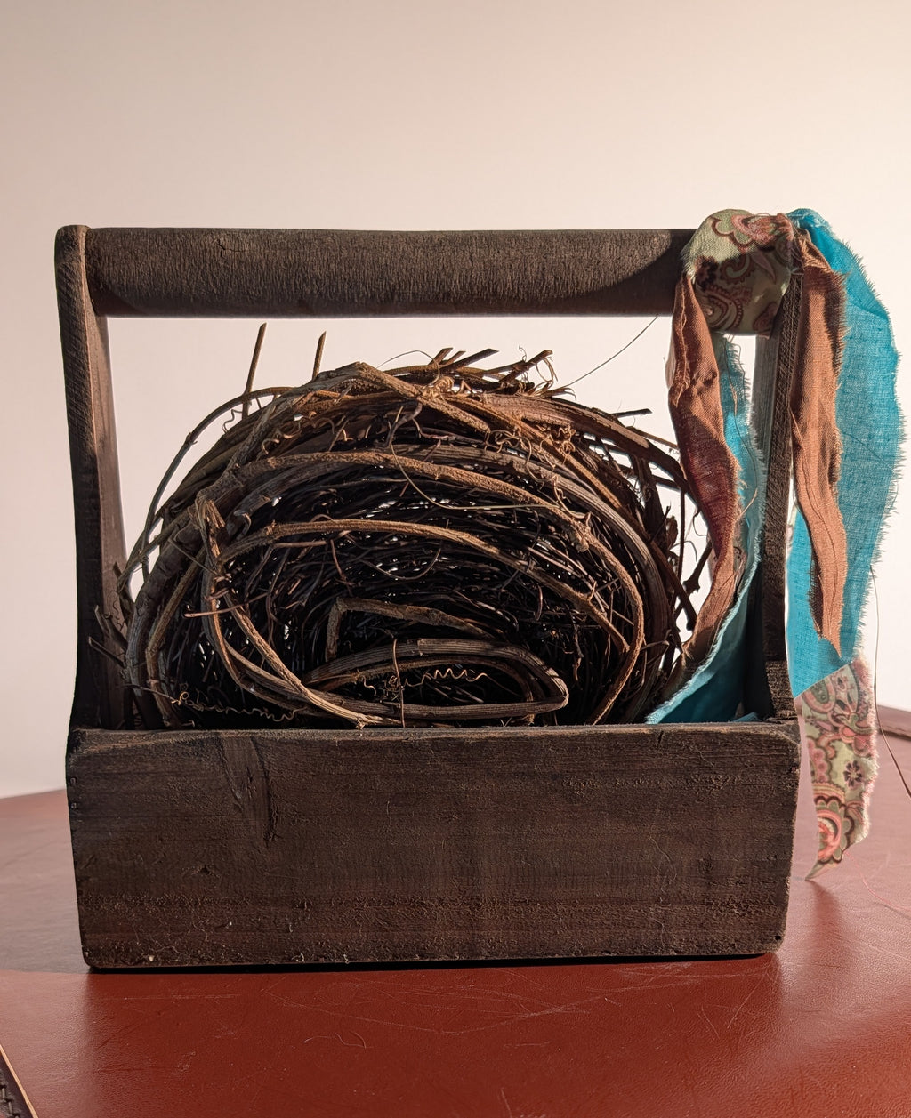 Wood Caddy with a Bird Nest